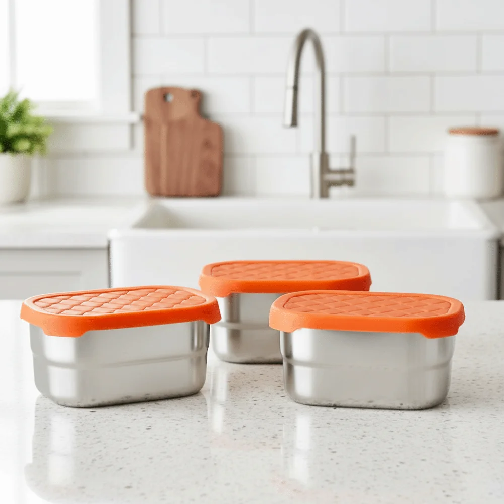 Sealed 304 Stainless Steel Snack Container with Silicone Lid 230ML Lunch Fresh Keeping Box Rust-proof Rectangular