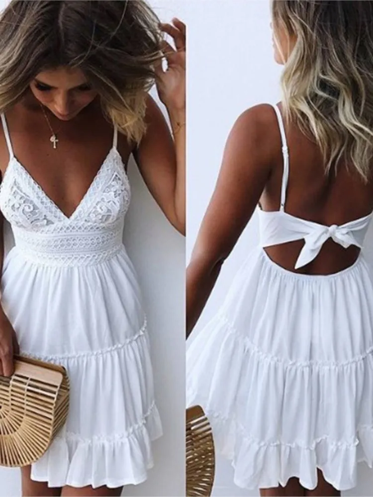 Letnia seksowna sukienka damska z paskiem spaghetti moda biała elegancka Casual Mini sukienki na plażę dla kobiet szata Femme