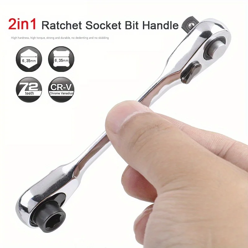 2 In 1 Mini Double Ended Quick Socket Ratchet Wrench Rod 1/4Inch Screwdriver Bit Tool Chrome Vanadium Steel Ratchet HandleWrench