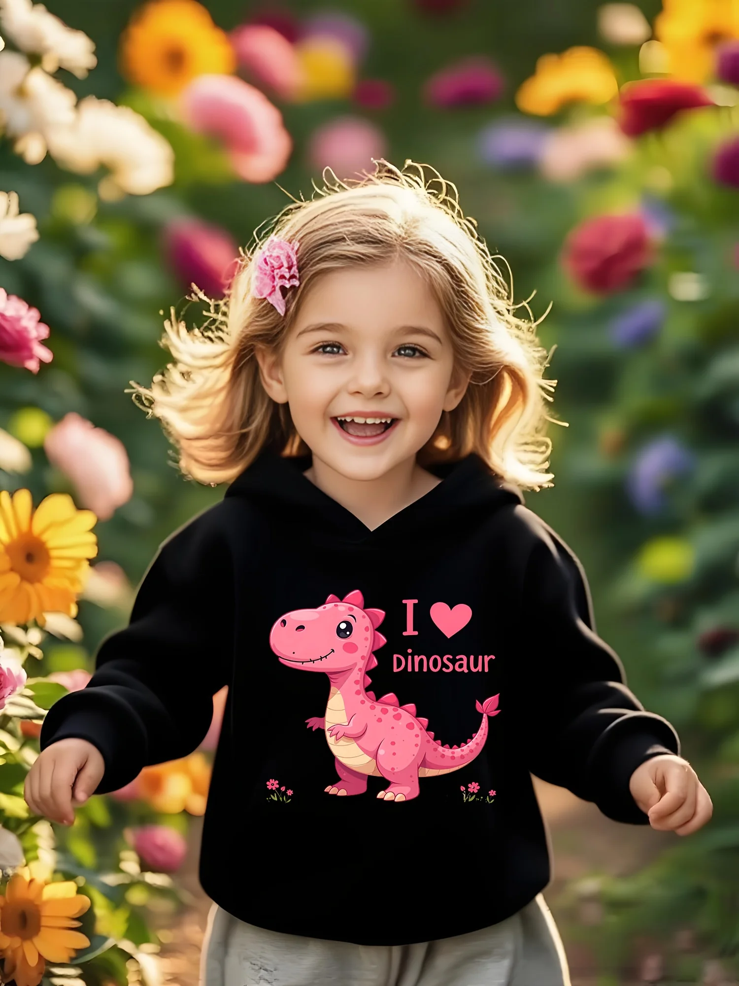 Cute Pink Dinosaur + Heart Hoodie - Comfortable and Stylish Long-Sleeved Pullover, Perfect Autumn/Winter/Christmas Gift for Kids