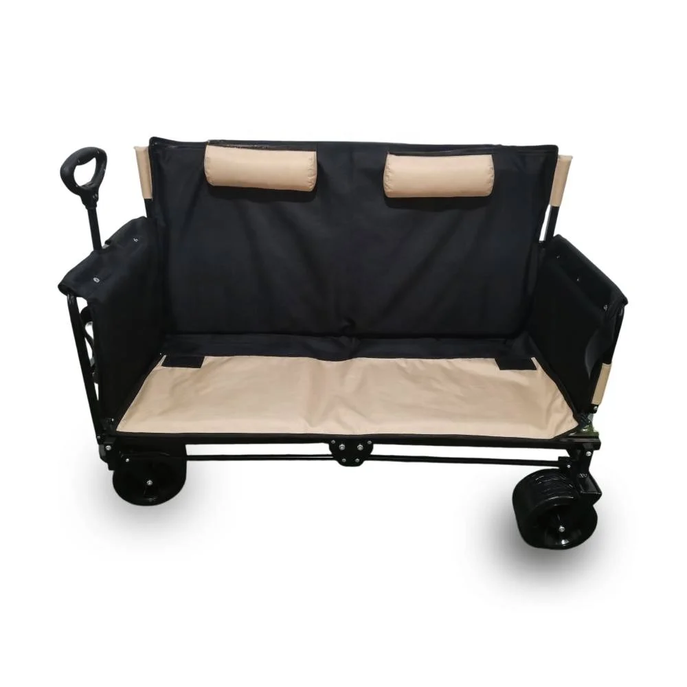 3-in-1 Recliner Trolley Wagon Beach Seat Convertible Foldable Cart with Tall Cushioned Backrest for 2-Person Use