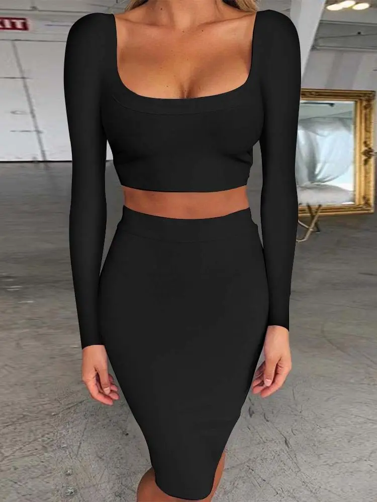 Bandage Dress Sets Autumn Winter 2021 Women Sexy Long Sleeve Crop Top And Bodycon Skirt Two Piece Set Lilac Club Party Outfit