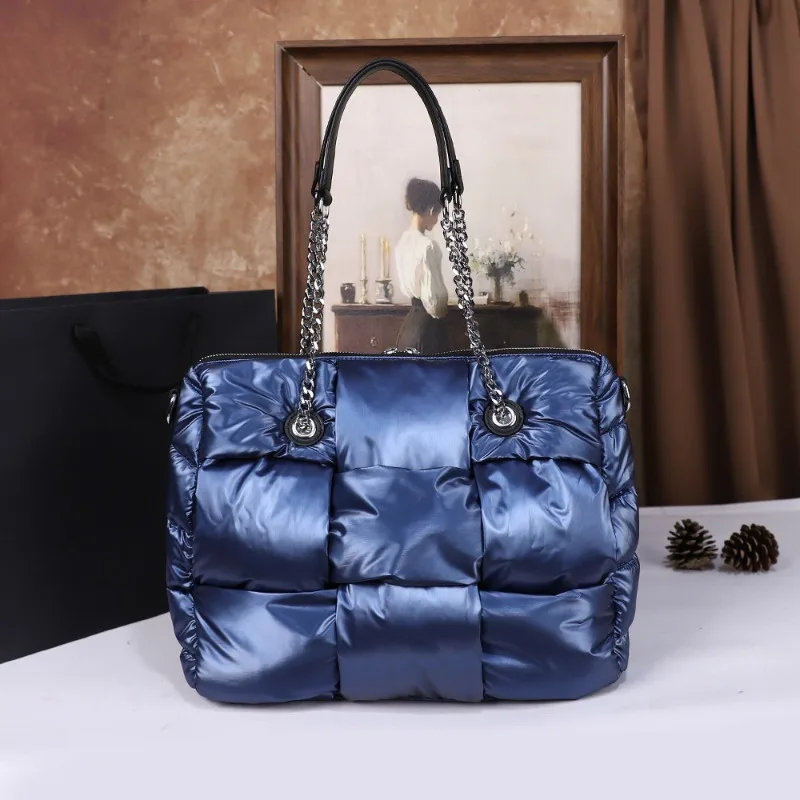 

Winter Down Fashion Bucket Tote Handbags Cotton Feather Down Square Messenger MultiPockets Space Pad Bags Large Capacity