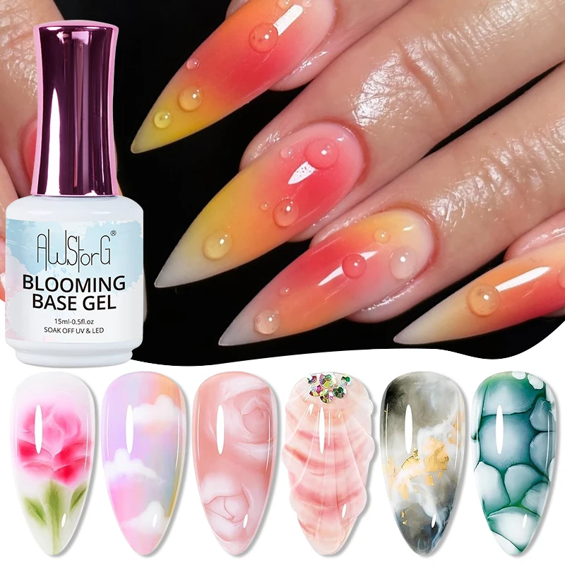 AWStorG 15ML Clear 2 In 1 Blooming Base Gel Nail Polish Semi Permanent UV Spreading Effect Marble NailPolish Watercolor Manicure