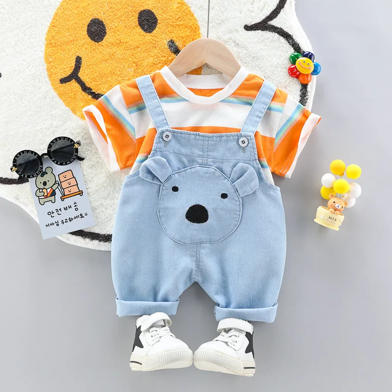 Quality Summer Baby boys Clothes Sets toddlers Children\'s Denim Overalls + Short T-Shirt Cute