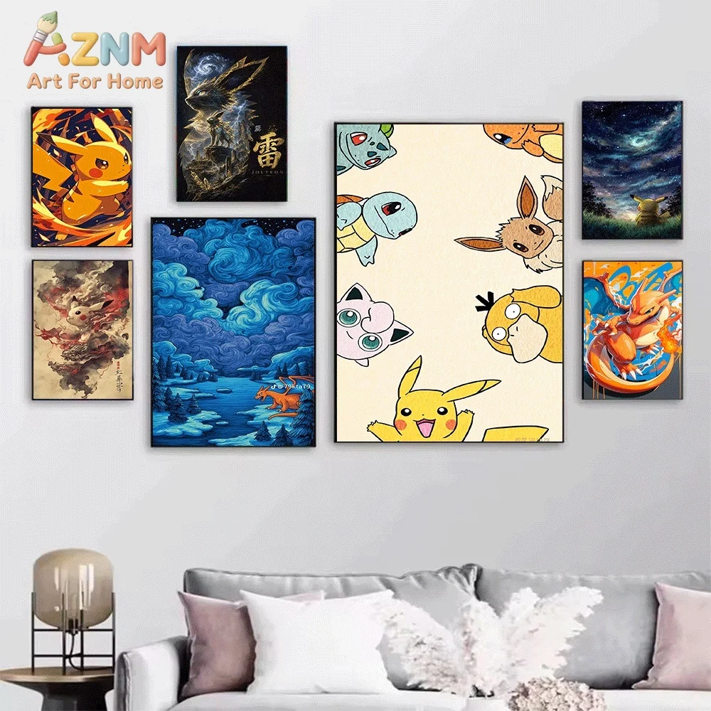 Anime Pokemon Fresh Bulbasaur Canvas Wall Art, Grass‑type Pocket Monster Cartoon Frameless Canvas Painting for Kids Bedroom Li