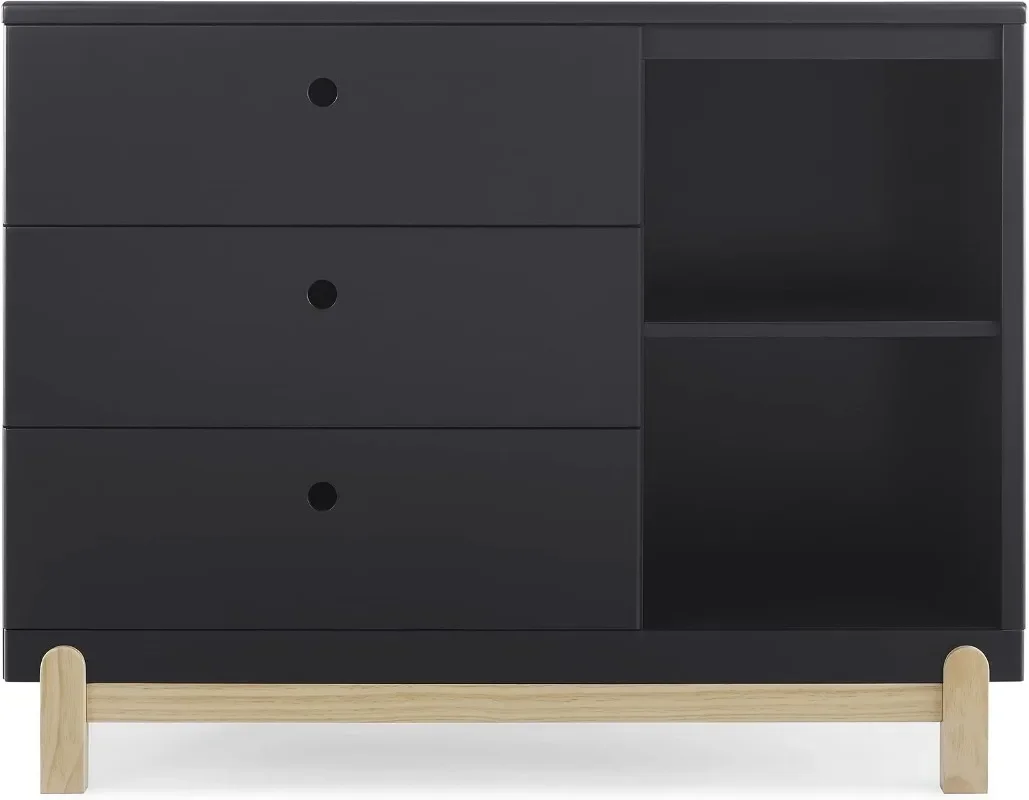 Delta Children Poppy 3 Drawer Dresser with Cubbies, Midnight Grey/Natural