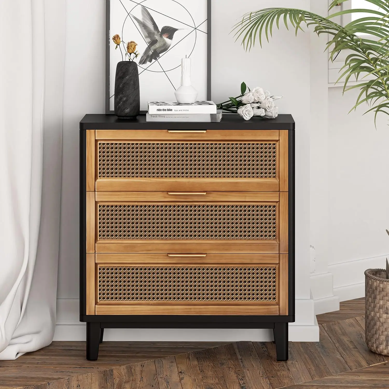 Farmhouse 3 Drawer Nightstand Woven Cane Front Accent Dresser with Brass Pull Fully-Assembled Black Get right into styling