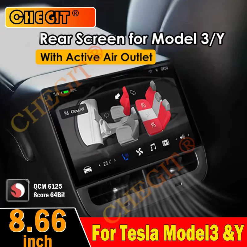 

Newest 8.66" Rear Display for Tesla Model Y 3 WIFI Entertainment Screen 64G Wireles Carplay Andriod Auto Air Conditioner Control