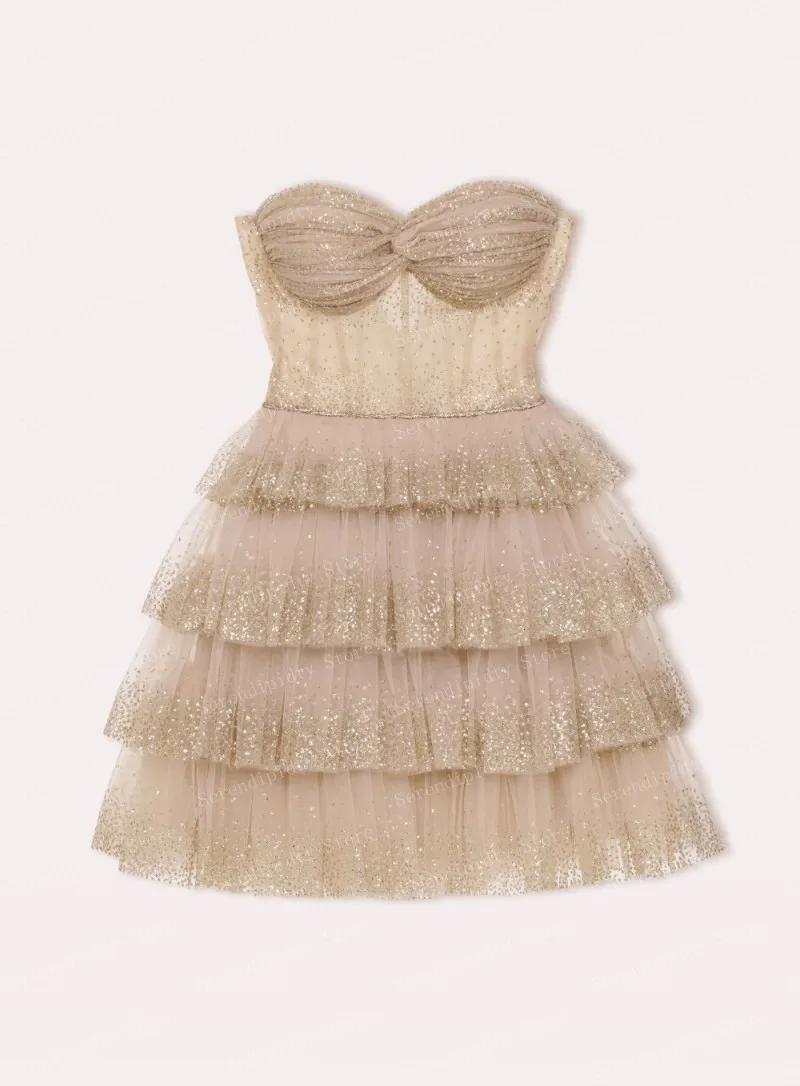 Romantische Roze Strapless Sparkly Pailletten Versiering Gelaagde Ruche Rok Formele Avondjurk Elegante Feestjurk Luxe Bruids S