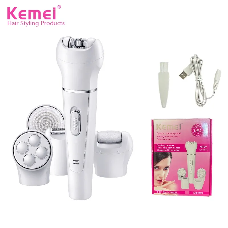 Kemei KM-2199 5 in 1 Full Body Shave Facial Cleansing Massage Ladies Care Set Painless Epilator