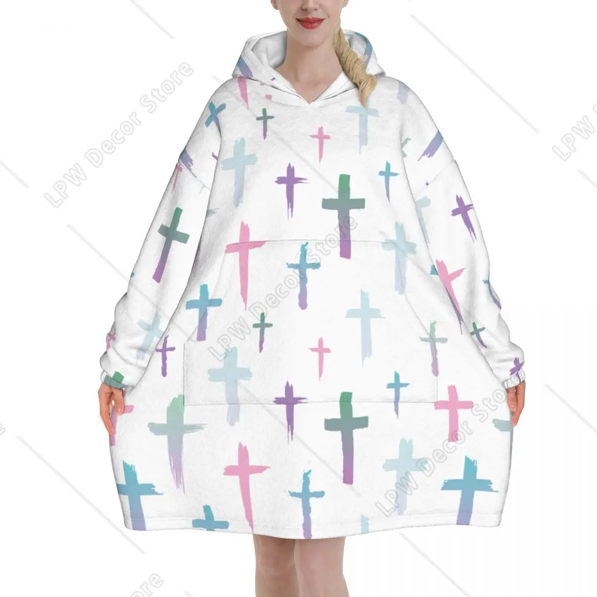 Beautiful Christian Cross Signs Religious Blanket Hoodie Sweatshirt Jesus Believer Long Fleece Hooded Wearable Blanket for Women