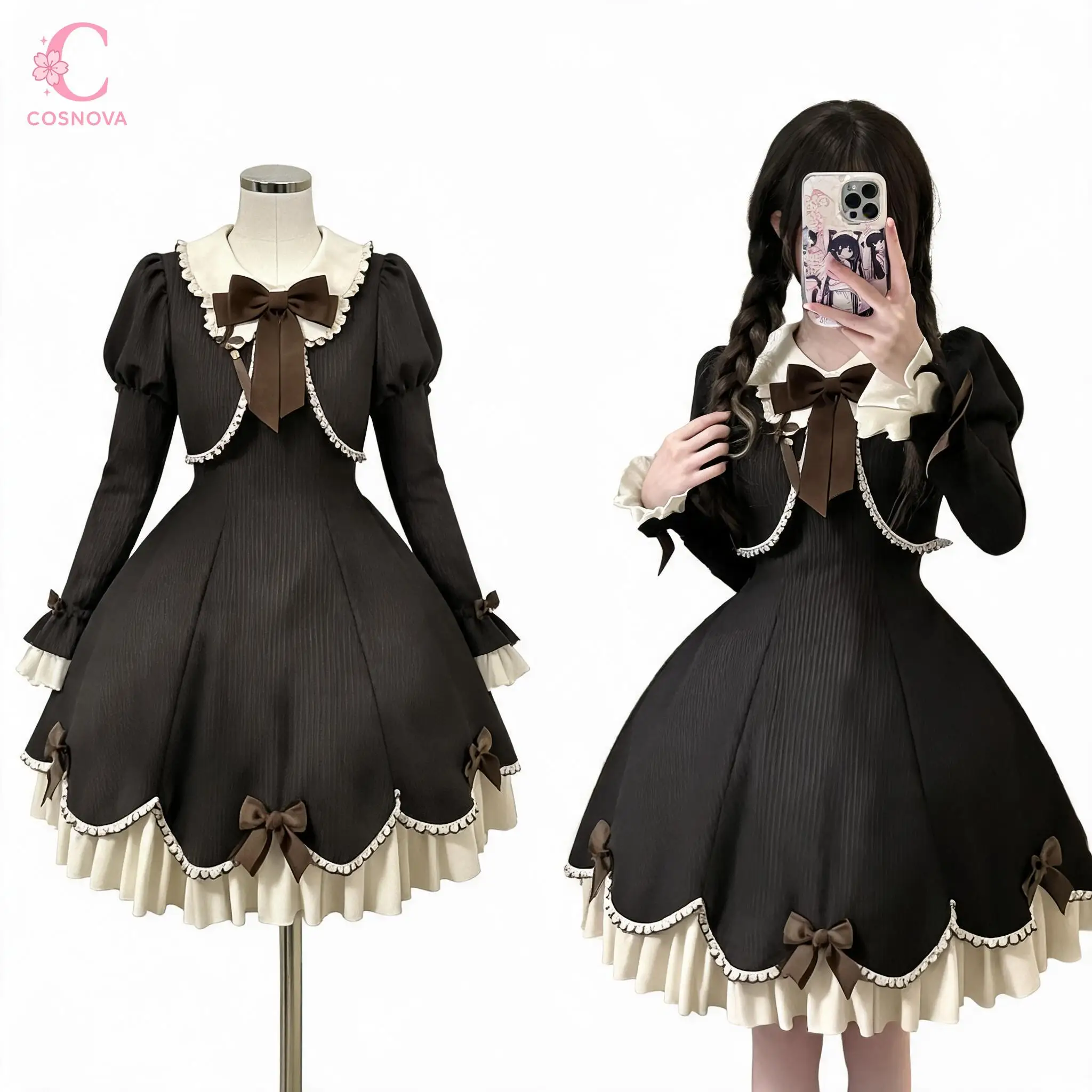 

Autumn Sweet Lolita Doll Collar Puff Sleeve High Waist 2 Piece Sets Women Bow Lace Hem Dress Set Korean Chic Daily Party Clothes