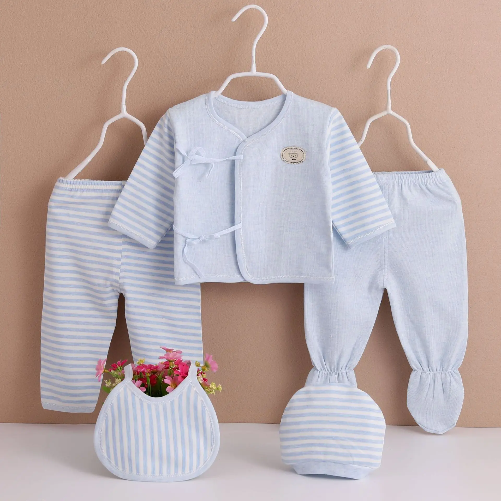 5Piece Spring Autumn Baby Girl Boy Clothes 2024 Casual Cartoon Cute Stripe Cotton Soft Tops+Pants Newborn Hospital Set BC1733-1