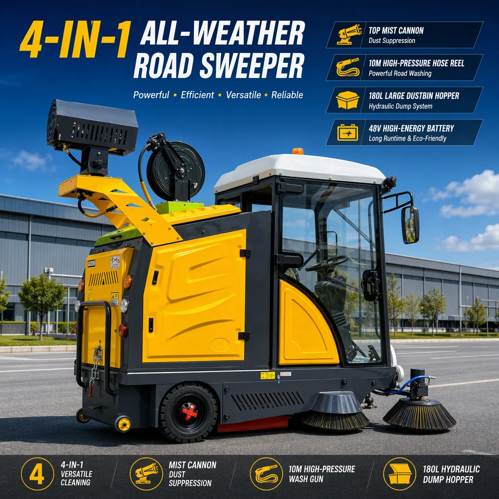 Wolf Warrior-1 Plus 48V Heavy Duty Ride on Floor Sweeper 2200mm Battery Powered Electric Street Sweeper Machine for Factory