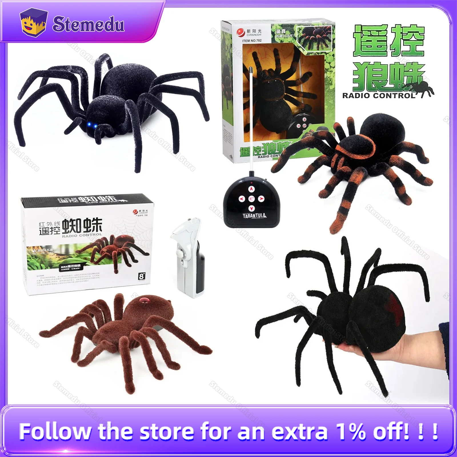 Electronic Remote Control Tarantula Realistic Crawling Spider Glowing Eyes 4CH Smart RC Prank MOC Toy for Halloween Scary Gift