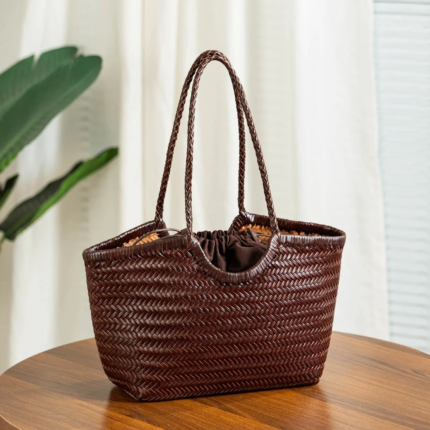 Luxury Design Handwoven Genuine Leather Tote Bag, Fashion Shopping Bag for Women Large Capacity Shoulder Bag Vegetable Basket