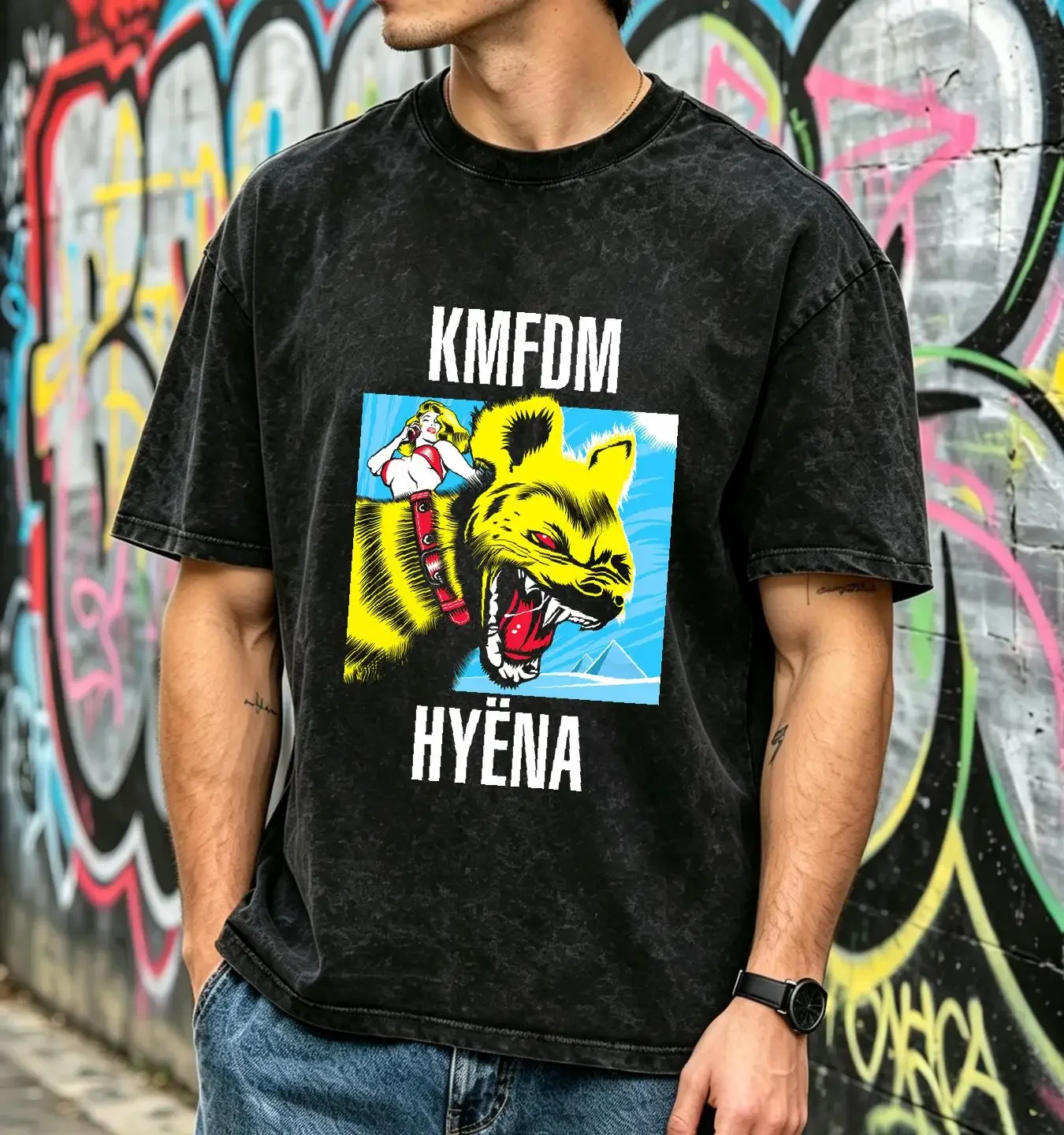 washed T Shirt Hyena Album KMFDM Band  Black S 2345XL Y1363 long or sleeves vintage Washed Soft Comfortable streetwear