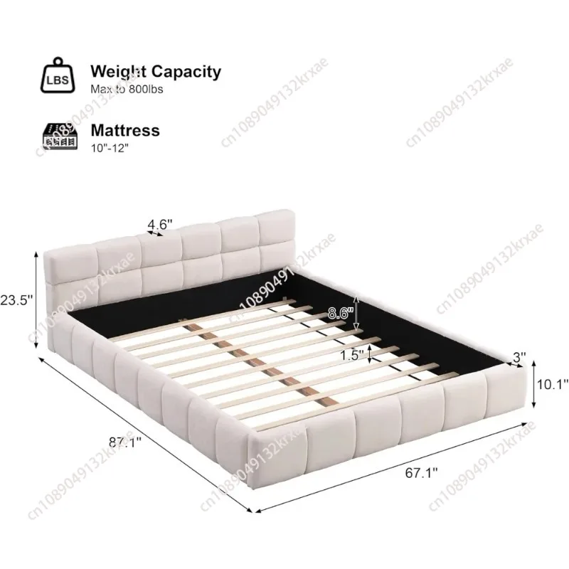 Upholstered Headboard Bed Frame Wood Bed Frame with Chenille Checkerboard Design Headboard Wooden Slats No Box Spring Needed Ea