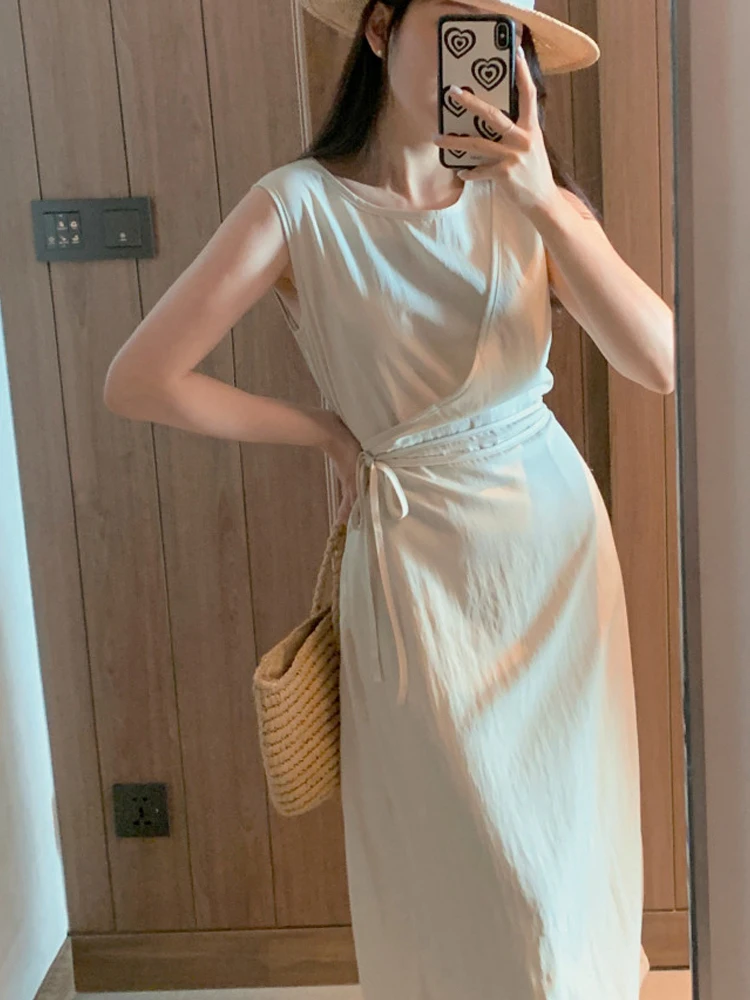Vestido e sin mangas con cuello redondo y cintura ceñida para mujer, vestido largo de verano de cintura alta, corte en...