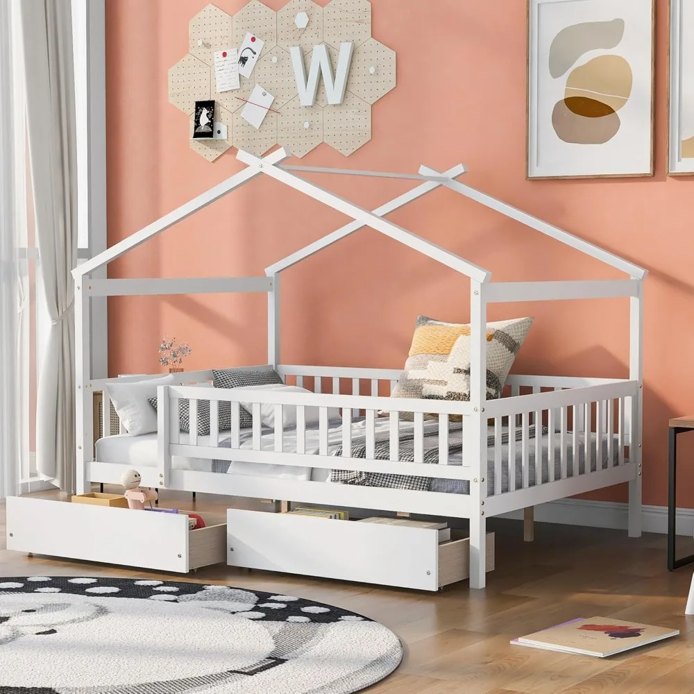 

White Wooden Full-Size Children's Bed with Storage Drawers and Side Rails