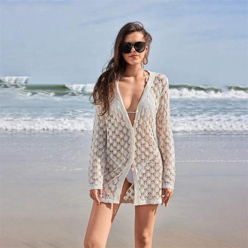 

Women's Sexy Hollow out Long Sleeve Crochet Bikini Cover up Cardigan Button Beach Dress Summer Short Knit Tunic Swimwear