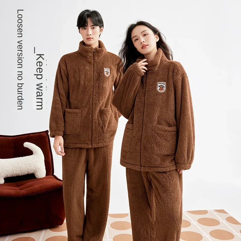 

Утолщенная флисовая одежда для сна, теплая пижама на молнии для пары, комплект домашней одежды, коралловый бархат, удобные мягкие уличные комплекты домашней одежды