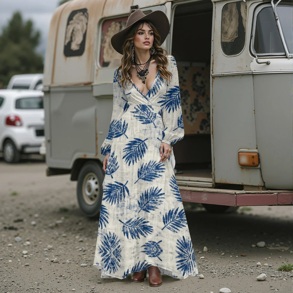 فستان ماكسي بوهو استوائي للنساء مثير بفتحة رقبة شكل v عميقة فستان شيفون منفوش لقضاء العطلات والمهرجانات الخريفية وحفلات الشاطئ ثوب طويل