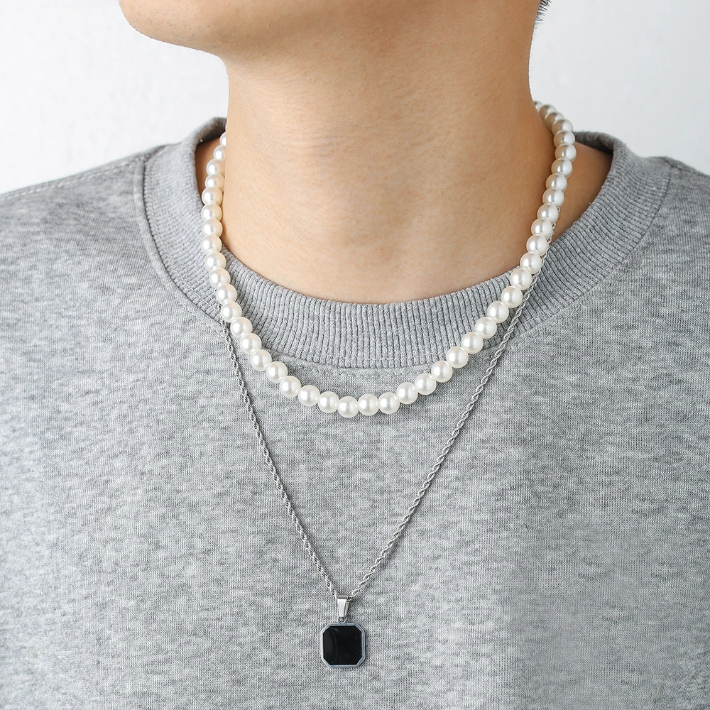 

Retro Punk Men's Accessories Stainless Steel Dripping Oil Pendant Layered with Cuban Chain Necklace Hip Hop Men's Pearl Necklace
