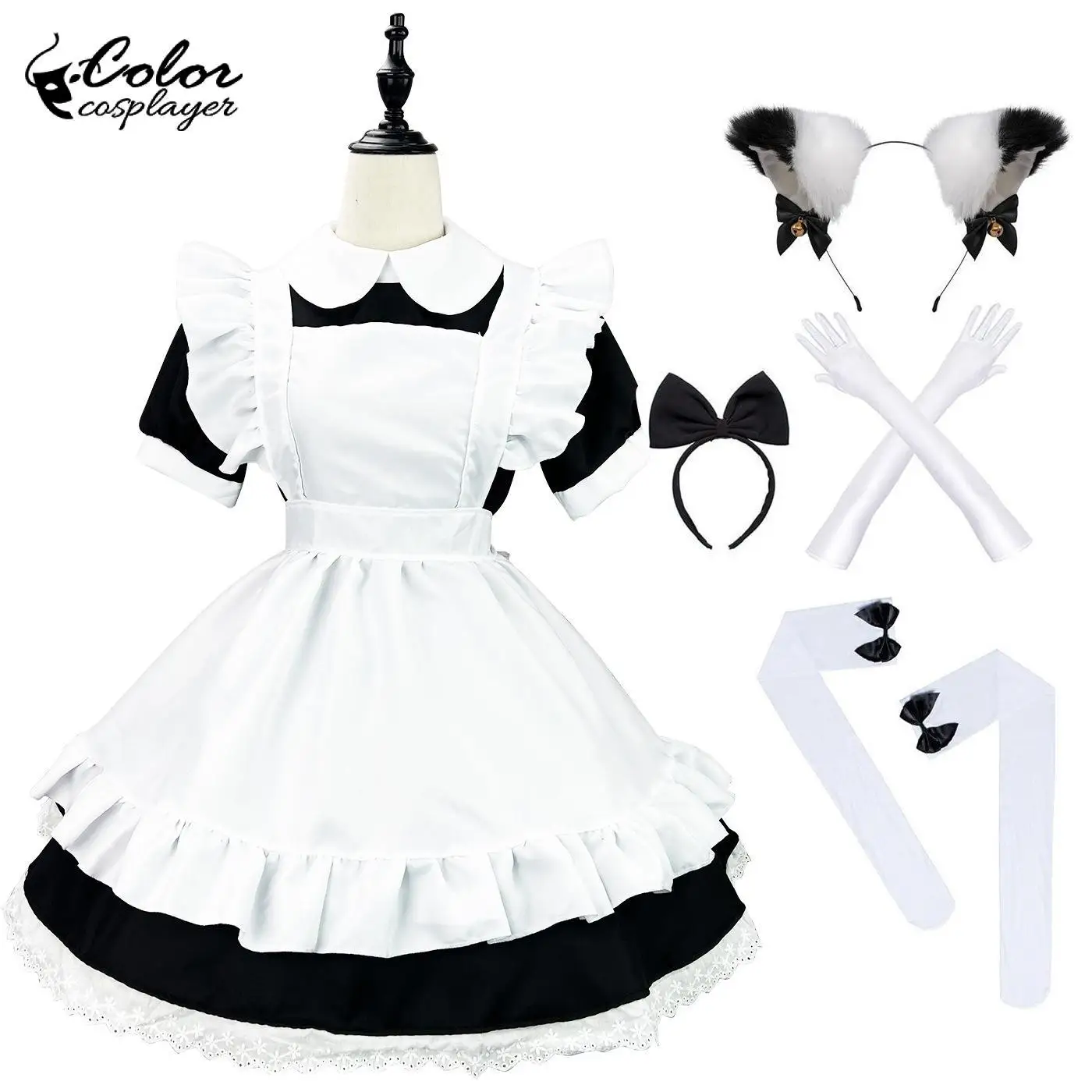 اللون تأثيري الأسود لوليتا البدلة خادمة تأثيري حلي مقهى خادم موحدة أنيمي دور فستان أنيمي ارتداء ملابس الهالوين #5