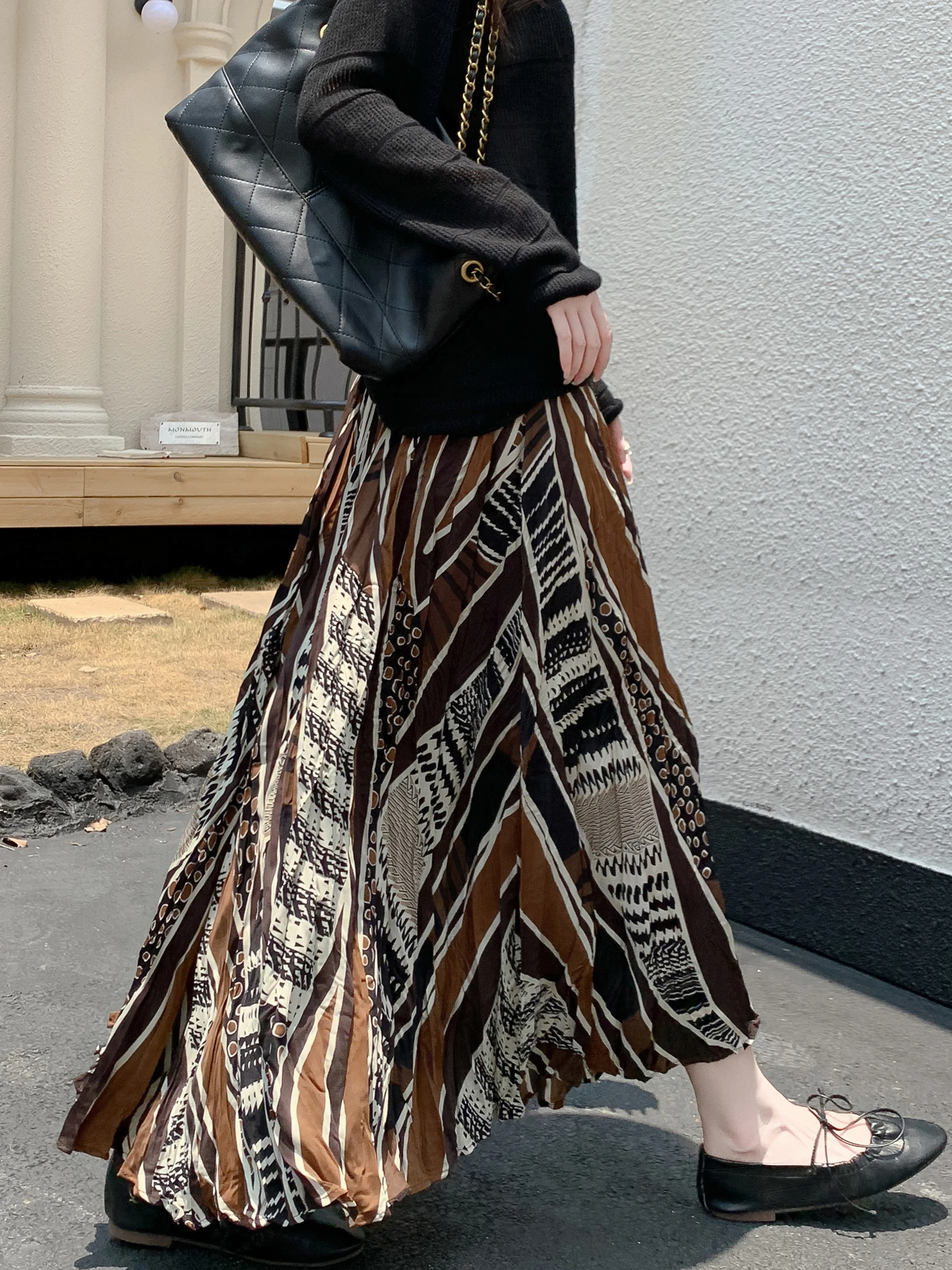 n Bedruckter f-langer A-Linien-Rock, hoch tailliertes, ausgestelltes Kleid, lässiges Pendelkleid, plissiertes Maxi-Dr für Damen