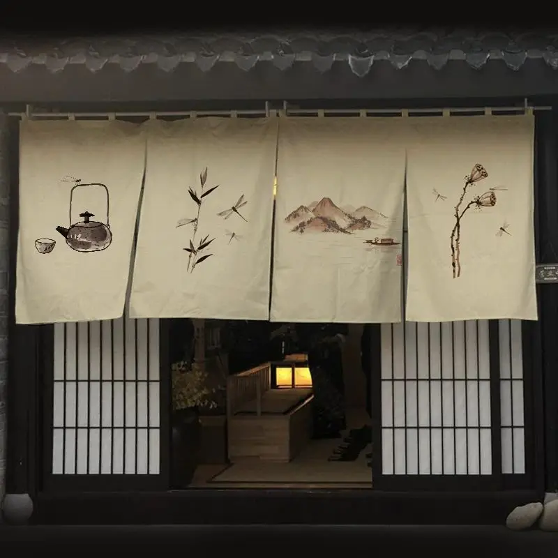 Chinese Ink Painting Noren Curtain Vintage Oriental Teapot Mountain Bamboo Print Fabric Hanging Curtain for Entryway Home Decor