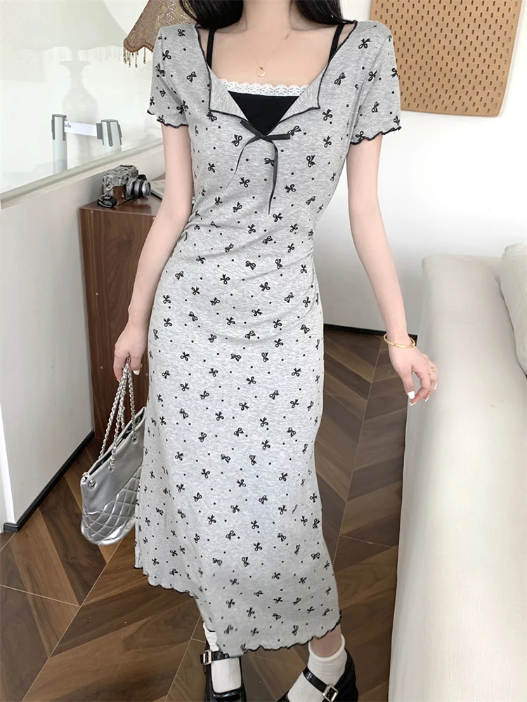 Kleider Kurzarm Damen Nacht 2025, Frau, Frühling, Satin, Fliege, geraffte Taille, Rüschen, A-Linie, normale Passform, romantisches Picknick, süß