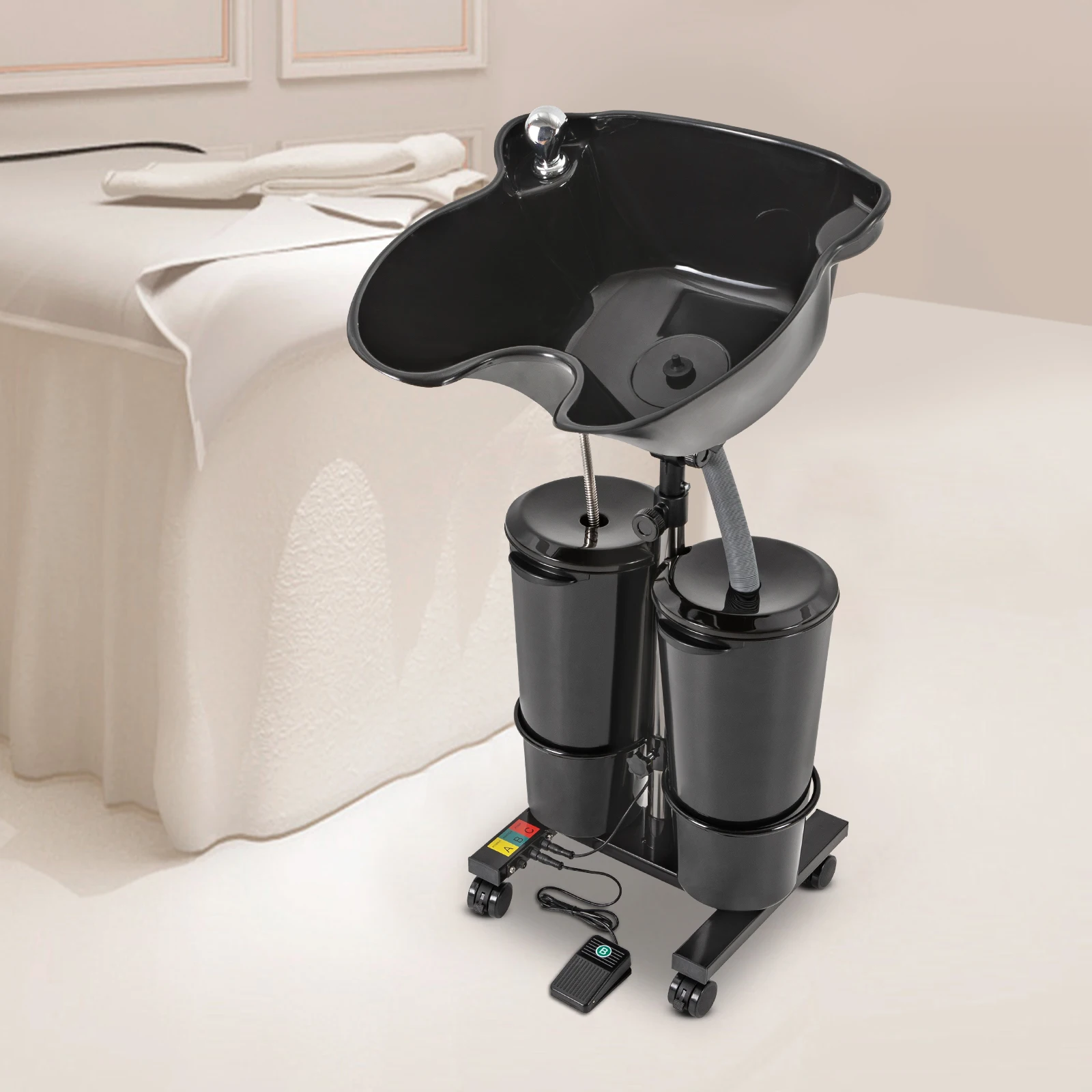 Mobiles Haarwaschbecken mit 2 Wassereimern, höhenverstellbar, für Salon Spa, tragbares Shampoo-Becken
