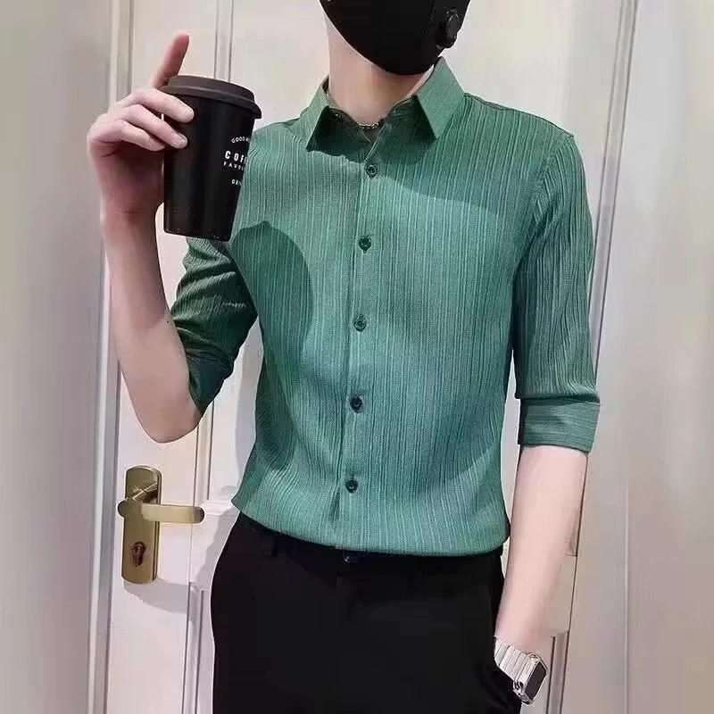 

2025 Summer New Fashion Men's Solid Color Turn-down Collar Half Sleeve Casual Business Basic Trendy Shirts Male Clothes Tops
