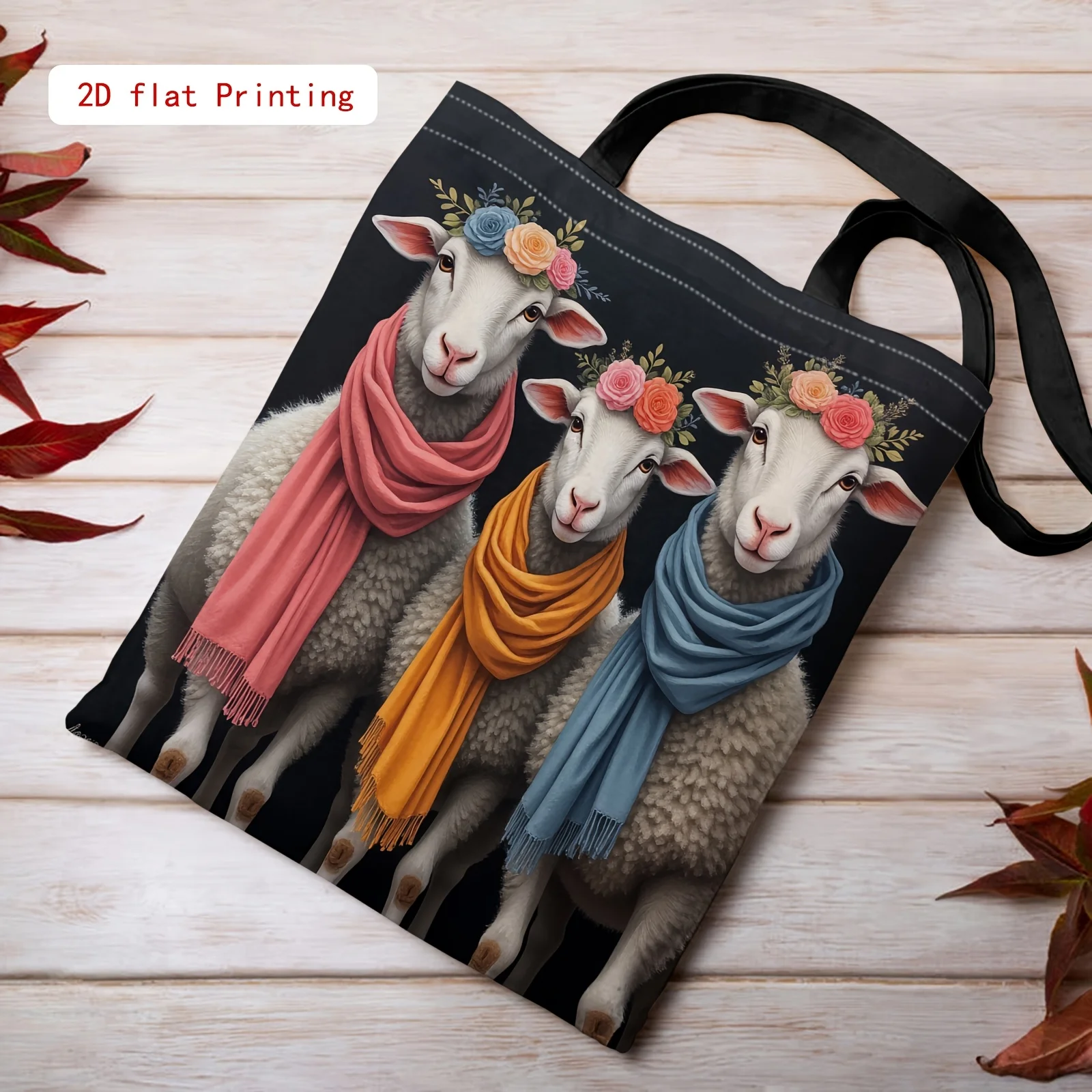 1pc 2D Printed Sheep And Wreath Pattern Unisex Tote Bag Travel Daily Commute Fashion Shoulder Bag for Groceries Decoration Gifts
