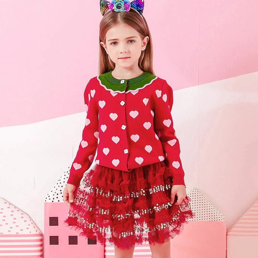 VIKITA Mädchen Weihnachten Rot Grün Strickjacken Teenager Herzform Druck Entzückende Gemütliche Stilvolle Warme Pullover Mädchen Outwear Geschenk Outfits – Detail 3