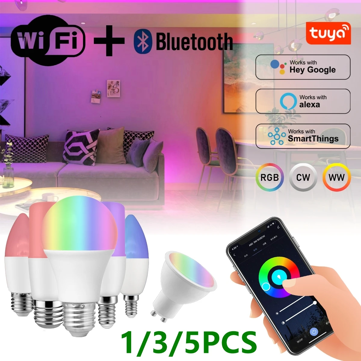 1-5PCS Voice Control WIFI Smart Light Bulb RGBCW Dimmable  GU10 C37 A60 LED Magic Lamp AC 110V/ 220V Work with Alexa Google Home