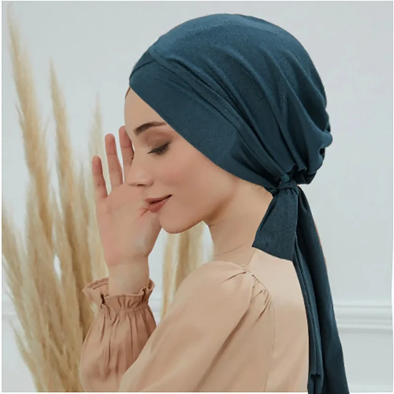 KepaHoo Solid Color Inner Hijab Cap Elastic Head Cover Turban Headwrap Beanies Cap Long Tail Hair Loss Headascarf Bandanas Hats