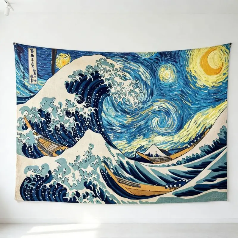 VIKAMA Japanese Wave Ukiyo E Mountain Ocean Vintage Wall Tapestry Retro Aesthetic Wall Hanging Decor For Bedroom Dorm