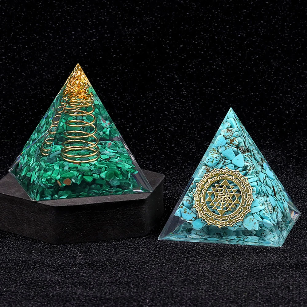

Handmade Natural Malachite Stone Resin Orgone Pyramid Blue Turquoise Healing Crystals Ornament for Home Decor with Gift Box