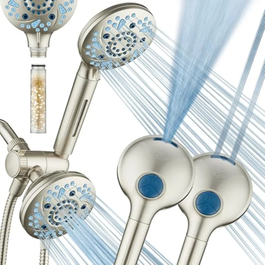 

AquaCare High Pressure 6-way Dual Shower Head Combo with Built-in Filter and Power Wash - Clean Tub Tile and Pets. Remove Chlor