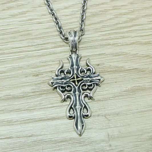 

Wholesale Europe and America S925 sterling silver cross necklace male punk trendsetter pendant flame cross sweater chain pendant