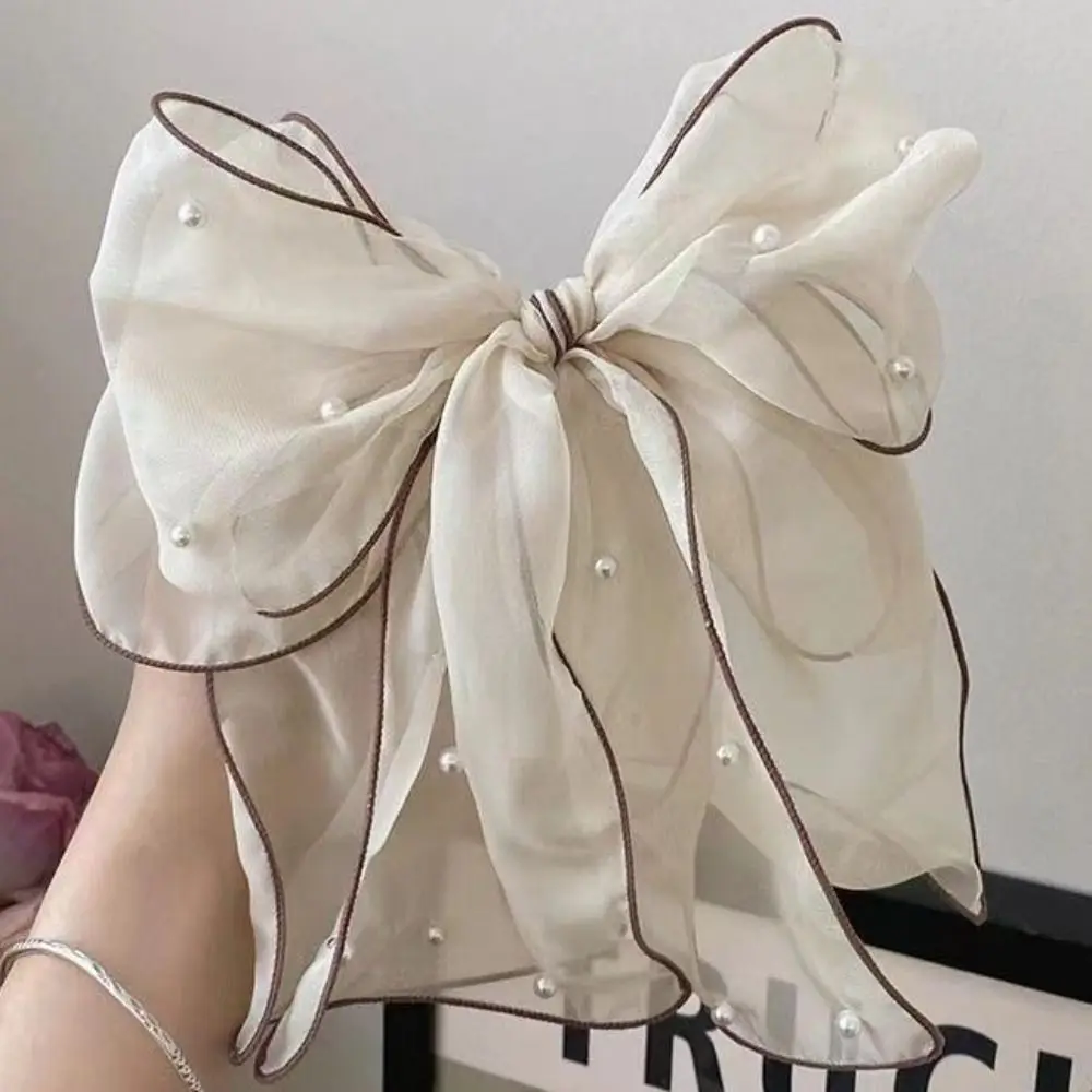 Elegant Oversized Net Yarn Hair Bow Clip for Women Korean Pearls Ribbon Bow Hairpin Elegant Ladies Fashion Headwear Accessories