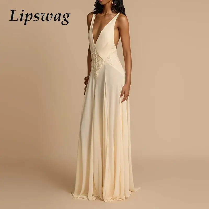 Elegantes Patchwork-Spitze-Drapiertes Partykleid für Damen, schickes, solides, hohles, rückenfreies Maxikleid, Show-Stil, V-Ausschnitt, Hosenträger, Strandkleid