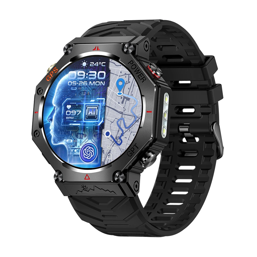 TJXL-TKYUAN KC91 ساعة ذكية رياضية مستديرة GPS 2025 مع مصباح يدوي شاشة 1.39 بوصة 30 متر مقاومة للماء GhatGPT Relojes ساعة ذكية لـ