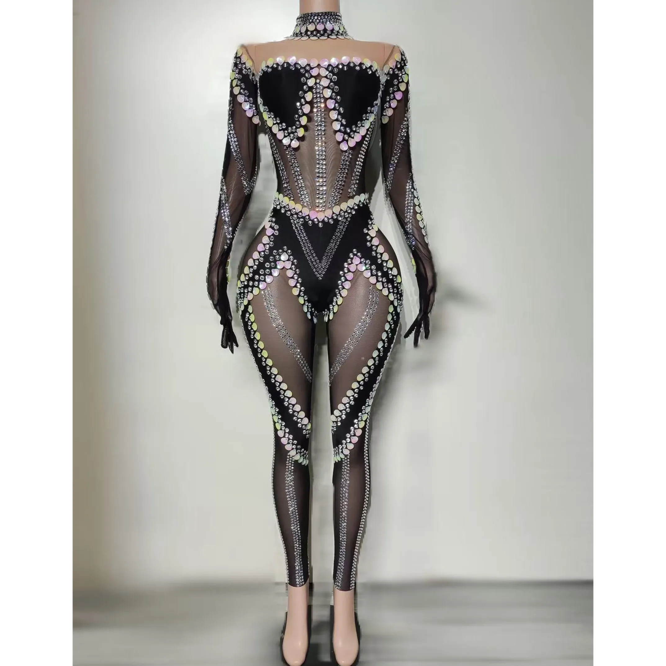 Diamant Mesh Perspektive Langarm Overall Nachtclub DJ Bar Sänger Frauen DS Gogo Tänzer Drag Queen Bühne Kostüme DN21615