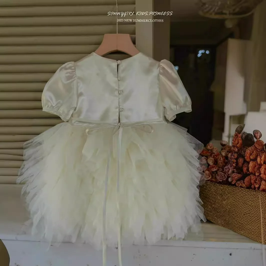 فستان فتاة توتو بأكمام منتفخة - فستان فتاة الزهور البيضاء لعيد ميلاد الأميرة الرسمية للمناولة الأولى