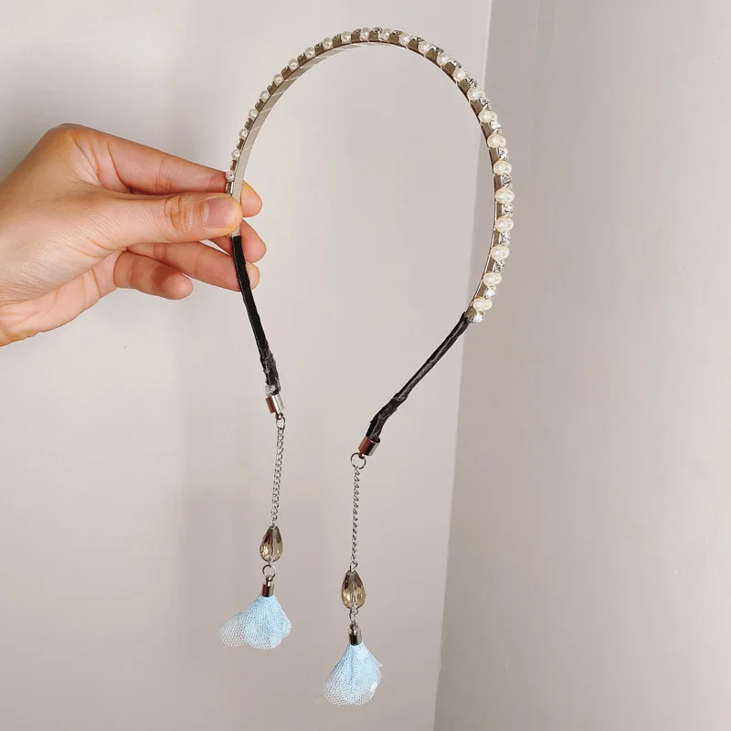 

Pearl Hair Headband For Women Crystal Tassel And Rhinestone Design Sweet Thin Earrings Hair Hoop Girls Hair Accessories Set