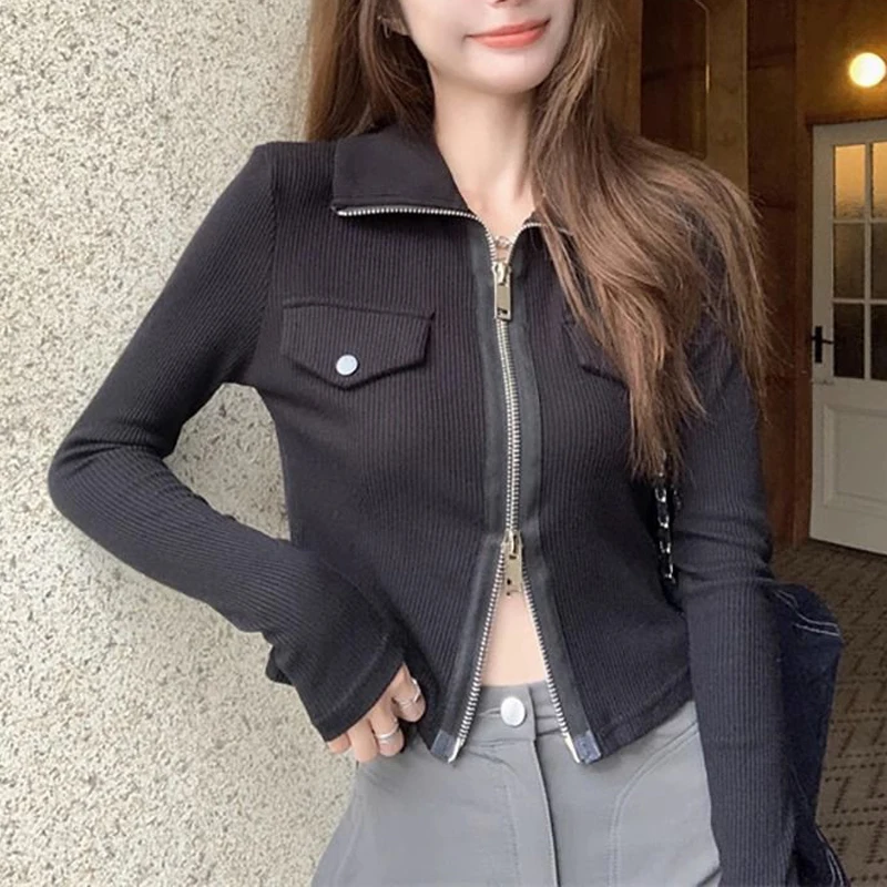 New Spring Autumn Women\'s Korean Fashion Polo Collar Zipper Long Sleeve T-shirts Y2K Female Black Gray Slim Chic Sexy Crop Tops